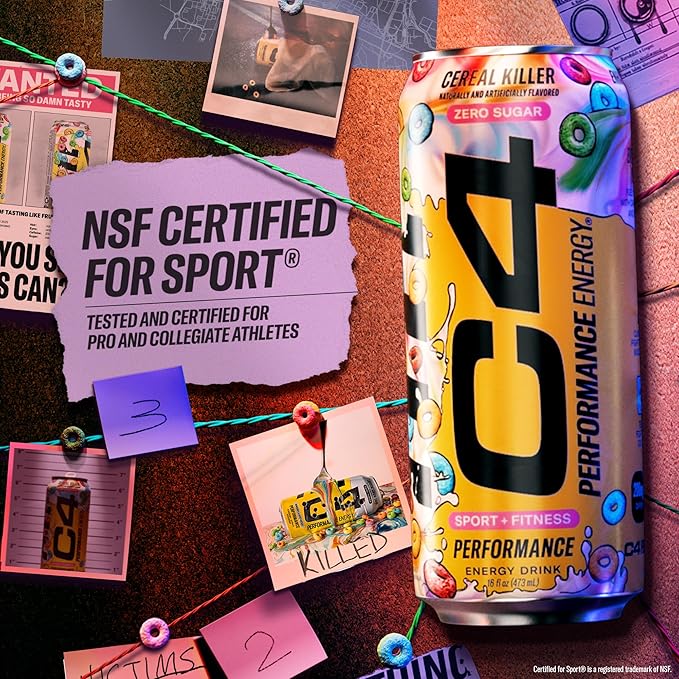 C4 Energy Carbonated Zero Sugar Energy Drink, Pre Workout Drink + Beta Alanine, Cereal Killer, 16 Fl Oz (Pack of 12)