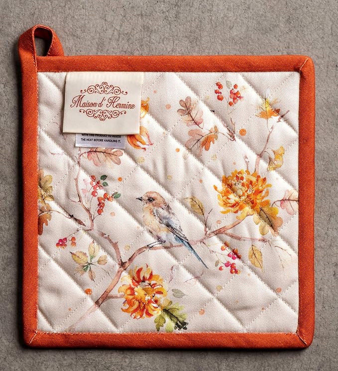 Maison d' Hermine Pot Holders Set 100% Cotton Heat Resistant Potholders 8" x 8" Hot Pads with Loop BBQ, Cooking, Baking, Grilling, Kitchen, Handling Hot Pans (Pack of 2, Kelim - Prairie)