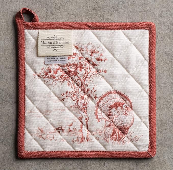 Maison d' Hermine Pot Holders 100% Cotton Heat Resistant Potholders 8" x 8" Hot Pads with Loop BBQ, Cooking, Baking, Grilling, Kitchen, Handling Hot Pans (Pack of 1, Holy Jouy - Red)