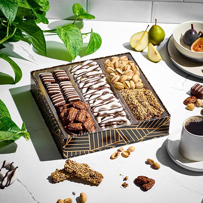 Oh! Nuts Chocolate and Nuts Gift Basket - Gourmet Truffles & Chocolates Pretzels - Assorted Nut Gift Square Metal Tin Box - Healthy Food Gifts Baskets for Holiday, Birthday, Corporate, Women & Men