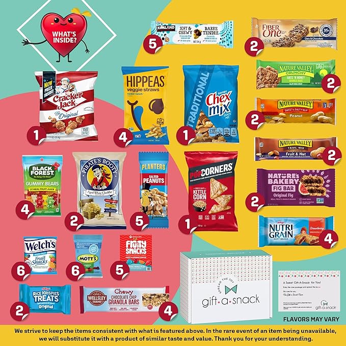 Gift A Snack - Thanksgiving, Holiday, Christmas Stocking Stuffer Healthy Snack Box Care Package + Greeting Card (60 Count) Birthday Treats Gift Basket, Nutritious Granola Breakfast Bars