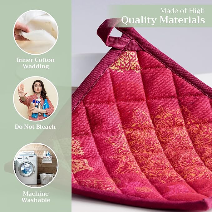 Maison d' Hermine Pot Holders Set 100% Cotton Heat Resistant Potholders 8" x 8" Hot Pads with Loop BBQ, Cooking, Baking, Grilling, Kitchen, Handling Hot Pans (Pack of 2, Versailles)