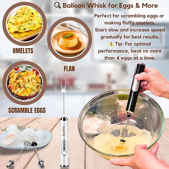 Rechargeable Handheld Milk Frother, Coffee Frother Wand with Stand and 2 Stainless Steel Whisks, Portable Mixer and Foamer, 3 Speed Whisk for Latte, Cappuccino, Matcha, Cocoa, Eggs, Black-1