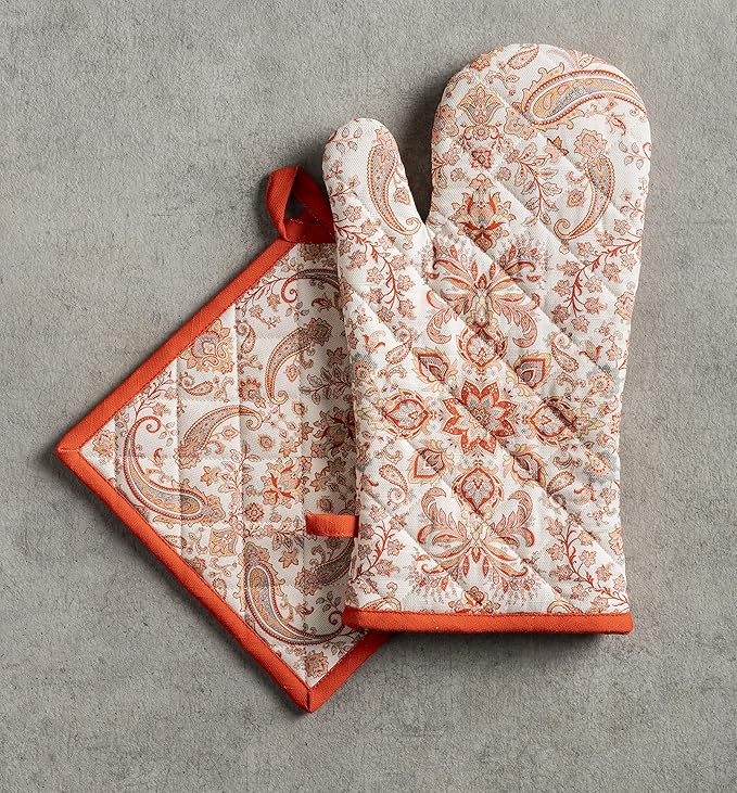 Maison d' Hermine Oven Gloves 100% Cotton Oven Mitt 7" x 13" with Loop Heat Resistant, BBQ, Cooking Gloves, Baking, Grilling, Kitchen, Handling Hot Pans (Pack of 1, Cachemire)