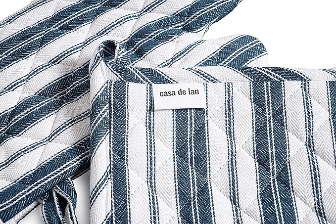 1 Oven Mitt, 1 PotHolder & 1 Kitchen Apron Set - Durable Heat Resistant Gloves - Thick Mittens for Kitchen - Suitable for Cooking, Baking, Grilling – Men & Women – Navy Blue Stripes - Casa De Lan