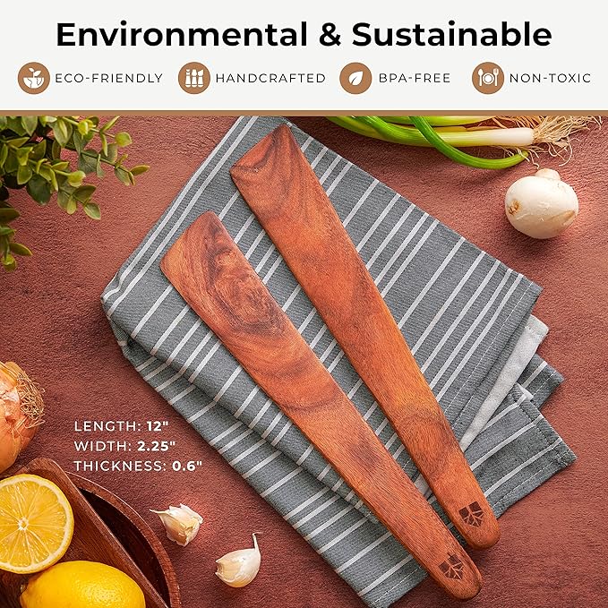 12 inch Teak Wood Spatula for Cast Iron, Small Wood Flipper, Egg Scraper, Flat Wooden Turner, Multipurpose Wood Cooking Utensil, Spatulas Perfect for Flipping, Serving, Scraping & Turning. Set of 2