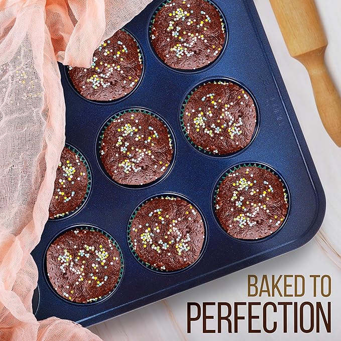 NutriChef 12-cup Blue Oven Muffin Pan, Non-Stick Coated Layer Surface, Even Heating Muffin Tray for Muffins, Cupcakes, Pastries & Mini Pies, Used for Model Number NCBK6TR