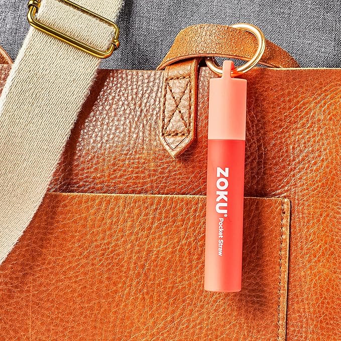 ZOKU Reusable Metal Straw with Case for Travel, Red - Collapsible Stainless Steel Drinking Straw with Silicone Tip and Cleaner Brush, Ideal for Key Chains, Pockets, Purses