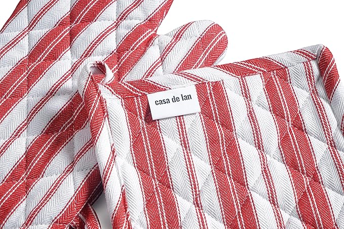 Oven Mitts & Potholder Set - Durable Heat Resistant Gloves - Thick Mittens for Kitchen - Suitable for Cooking, Baking, Grilling – BBQ - 2 Oven Mitts & 2 Potholders – Bright Red Stripes - Casa De Lan