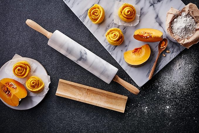 JEmarble Pastry Board 16x20 inch Set with Rolling Pin/Wooden Handles 18 inch(White) Non-Slip Rubber Feets for Stability Perfect for Keep the Dough Cool and Chocolate Tempering(Premium Quality)