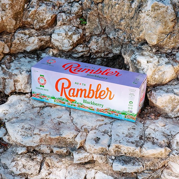AUTX RAMBLER Sparkling Water, Texas Limestone Mineral Blend, Blackberry Flavor, 12-Ounce Cans, 12-Pack