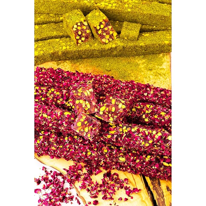 Cerez Pazari Turkish Delight Pistachio with Fantastic Rose & Pomegranate Flavour Experience in Luxury Gift Box 8.8 oz | Assorted Gourmet Soft Candy, Sweet Vegan Traditional Lokum (Loukoumi) (9-11 Pcs)