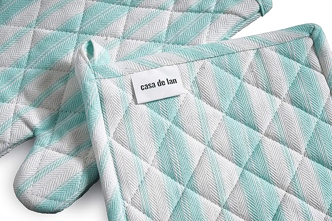 Oven Mitts & Potholder Set - Durable Heat Resistant Gloves - Thick Mittens for Kitchen - Suitable for Cooking, Baking, Grilling – BBQ - 2 Oven Mitts & 2 Potholders – Light Blue Stripes - Casa De Lan
