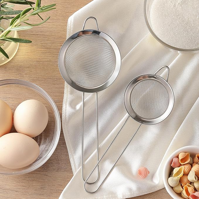 2 Pack Fine Mesh Strainers, Mini Stainless Steel Strainer with Handle for Kitchen, Metal Sieve Sifters for Straining Tea, Matcha, Cocktail, Juice and Coffee (8.6in 7.5in)