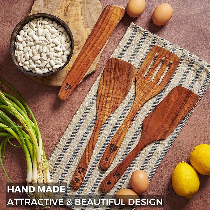 Wooden Spatula for Cooking, Teak Spatulas for Kitchen Use - Wooden Cooking Utensils Set of 4 including Paddle, Turner, Slotted Spurtle and Wood Scraper. Nonstick cookware.