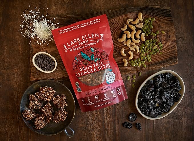 Lark Ellen Farm Cacao Cherry Grain-Free Granola Clusters, Organic Vegan Nut and Seed Mix, Gluten-Free Crunchy Bites for Snack, Breakfast, or Yogurt, 8 oz, 3 Pack