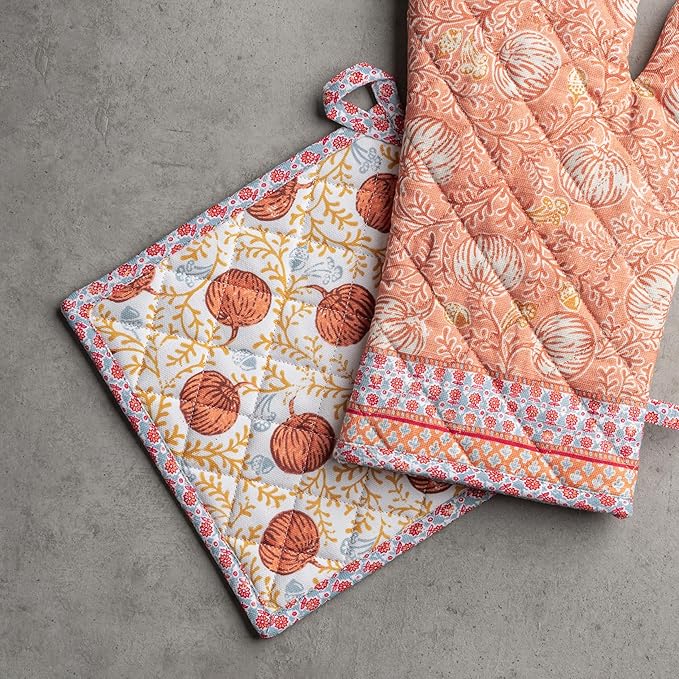 Maison d' Hermine 100% Cotton Oven Mitt & Pot Holder Set (7.5"x13" & 8"x8") Heat Resistant BBQ Cooking Gloves with Loop, Baking, Grilling, Kitchen, Handling Hot Pans (Harvest Festival)