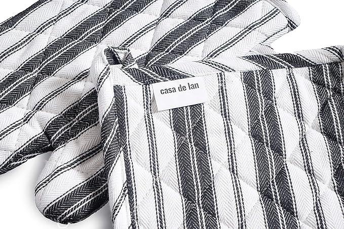 1 Oven Mitt, 1 PotHolder & 1 Kitchen Apron Set - Durable Heat Resistant Gloves - Thick Mittens for Kitchen - Suitable for Cooking, Baking, Grilling – for Men & Women – Black Stripes - Casa De Lan