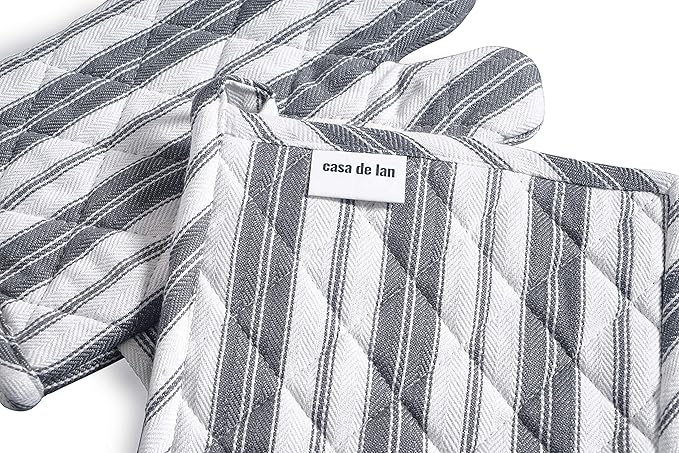 1 Oven Mitt, 1 PotHolder & 1 Kitchen Apron Set - Durable Heat Resistant Gloves - Thick Mittens for Kitchen - Suitable for Cooking, Baking, Grilling – Men & Women – Dark Grey Stripes - Casa De Lan