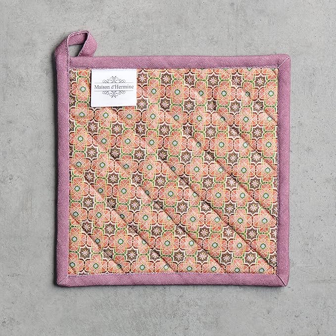 Maison d' Hermine Pot Holders Set 100% Cotton Heat Resistant Potholders 8" x 8" Hot Pads with Loop BBQ, Cooking, Baking, Grilling, Kitchen, Handling Hot Pans (Pack of 2, Ispahan)