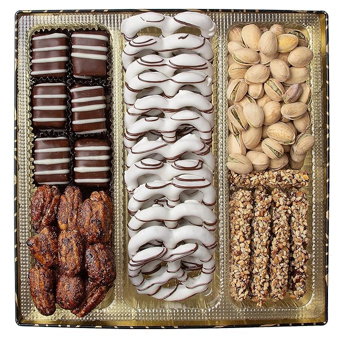 Oh! Nuts Chocolate and Nuts Gift Basket - Gourmet Truffles & Chocolates Pretzels - Assorted Nut Gift Square Metal Tin Box - Healthy Food Gifts Baskets for Holiday, Birthday, Corporate, Women & Men