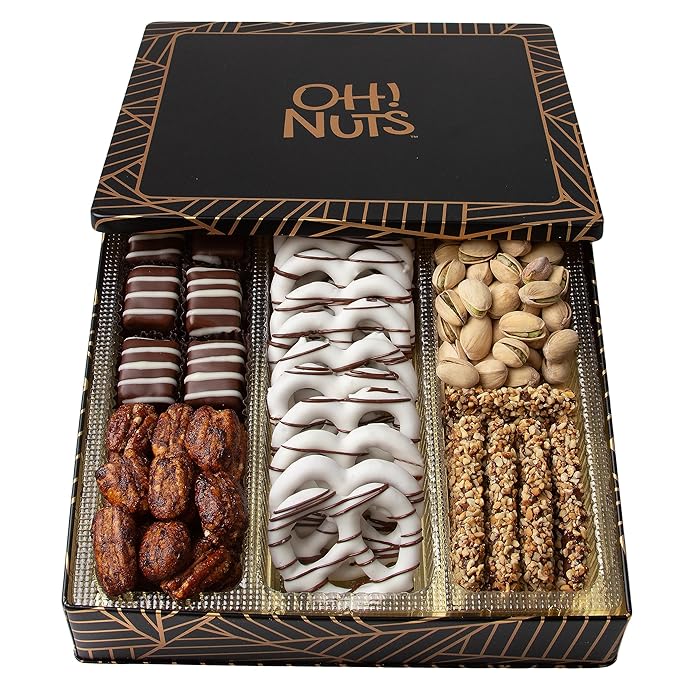 Oh! Nuts Chocolate and Nuts Gift Basket - Gourmet Truffles & Chocolates Pretzels - Assorted Nut Gift Square Metal Tin Box - Healthy Food Gifts Baskets for Holiday, Birthday, Corporate, Women & Men